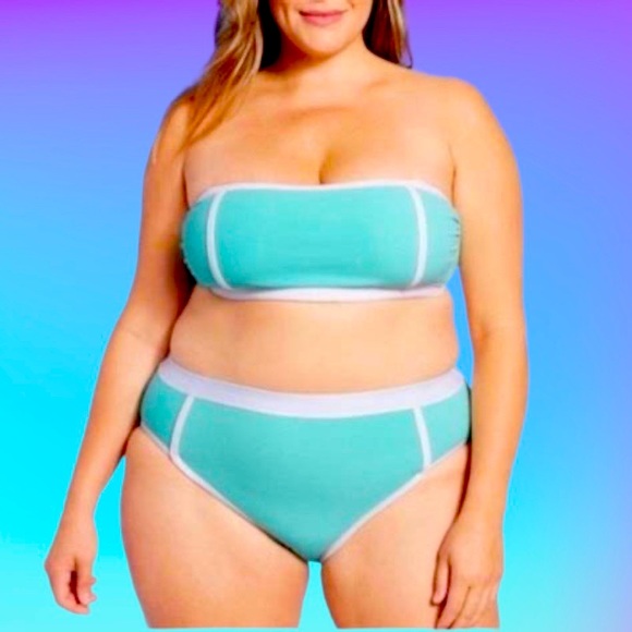 Terry Cloth High Waist Turquoise Retro Bandeau 2 Piece Bikini Plus Size 1X - Picture 1 of 4